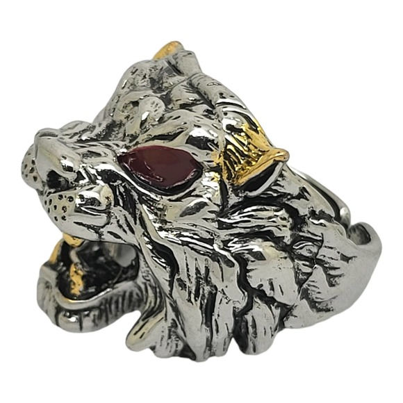 Antiqued Silvertone Red Enamel Gold Embellishments Beast Head Ring - Picture 3 of 6